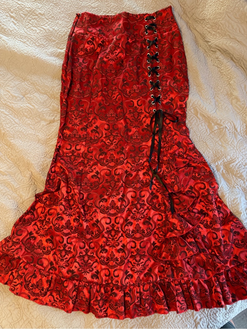 Vampire Goth Victorian Red Lace-Up Ruffled Maxi skirt- fishtail